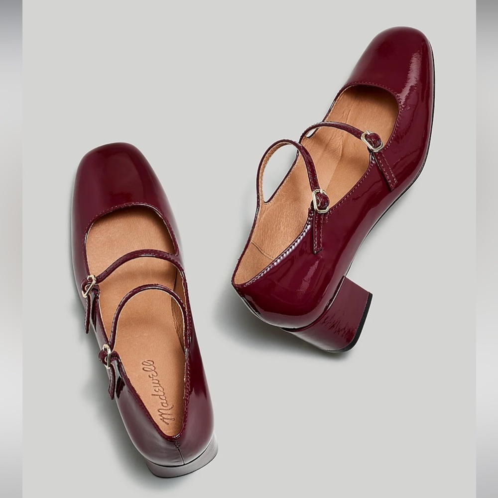 New! Madewell The Nettie Heeled Mary Jane in Dark Red Patent Leather